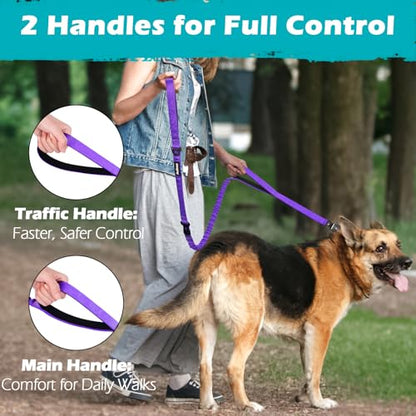 PetBonus Heavy Duty Tactical Dog Leash, 5 FT Bungee Shock Absorption Leash with 2 Padded Handles, Quick Release Metal Clip, Car Seatbelt, No Pull Training Lead for Large Medium Dogs（Purple） - color: Purple