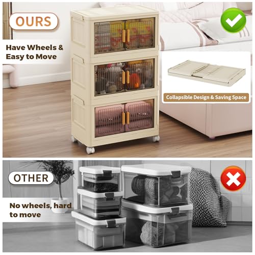 3 Tier Stackable Plastic Storage Bins with Lids 48QT, Collapsible Closet Organizers and Storage with Wheels for Living Room,Office,Dorm - size: 48Qt-3pack