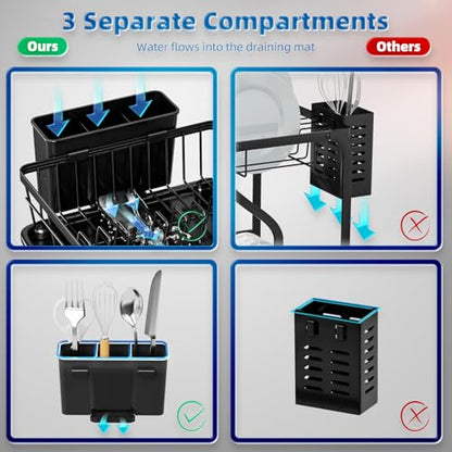 GAOKASE Dish Drying Rack, Stainless Steel-Dish Rack, Dish Racks for Kitchen Counter, Kitchen Dish Drainers with Removable Utensil Holder,New Drain Outlet,Plate Rack and Drainboard,Black - color: Black