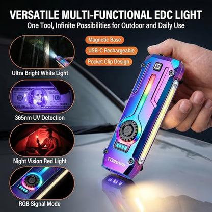 HAUSBELL Flat EDC Flashlight,1800 Lumen UV Magnetic Rechargeable Pocket | Stepless Dimming Dial,Stainless Steel Body,RGB+UV,USB-C Fast Charge,Magnetic Base,Waterproof, for Work,Camping & Emergency - color: Iridescent