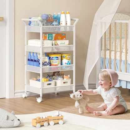 Baby Diaper Caddy Cart, 4-Tier Diaper Caddy Organizer and Storage, Rolling Utility Cart for Baby Supplies, Diaper Cart with Wheels for Bedroom, Nursery, Changing Table, White