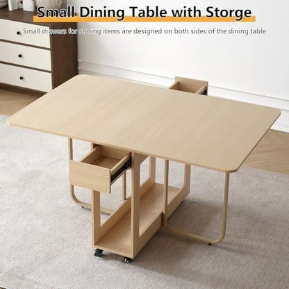 Folding Dining Room Table for 4/6 with 35.4" Extra Wide Space Saving Drop Leaf Table with Lockable Wheels & Storage, Heavy Duty Eco Solid Wood Top 300lb, Convertible Desk for Apartments/RV/Home Office - color: Wood