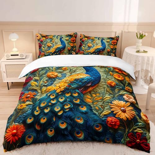 AILONEN Beautiful Vintage Floral Peacock Duvet Cover Set,Blue Floral Bird Print Bedding Set for Teens,Girls King Size, Elegant Animal Comforter Cover,Soft Breathable 1 Quilt Cover + 2 Pillowcases - color: Peacock13, size: King