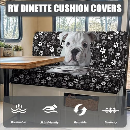 Bulldog Dog Paw Print 3 Pack RV Dinette Cushion Covers Stretch Camper Cushion Slipcover with Pillow Cover Non-Slip RV Couch Cover Sofa Slipover for Travel Trailer Couch - color: Bulldog Dog Paw