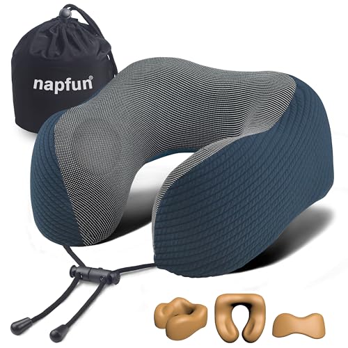 napfun Neck Pillow for Traveling, Upgraded Travel Neck Pillow for Airplane 100% Pure Memory Foam Travel Pillow for Flight Headrest Sleep, Portable Plane Accessories, Deep Blue - color: Deep Blue