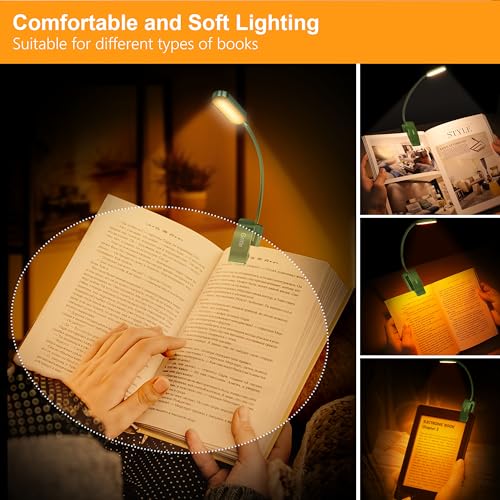 Gritin 16 LED Rechargeable Book Light for Reading in Bed- Eye Caring 3 Color Temperatures, Stepless Dimming Brightness, 80 Hrs Runtime, Lightweight Flexible Clip on Light for Book Lovers-Dark Green | Eye Caring 3 Color Temperatures, Stepless Dimming Brigh