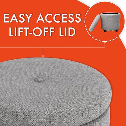HomePop 18.5" Round Storage Ottoman with Nailheads - Grey Woven - color: Grey Woven