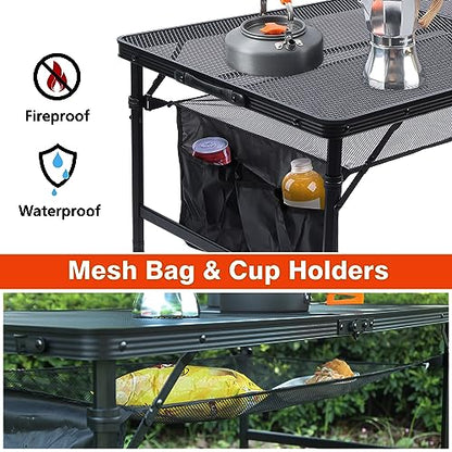 JOUYEK Folding Grill Table, 4x2 FT Portable Camping Table, Lightweight Height Adjustable Metal Tables with Mesh Desktop and Mesh Bag, Outdoor Tables for Camping, Picnic, Beach and BBQ, Black - style: 4x2 FT