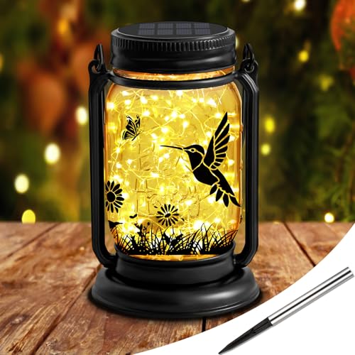 Hummingbird Solar Lanterns 3-in-1 Outdoor Waterproof - Birthday Gifts for Women Mom Christmas, Mason Jar Hanging Lanterns with Stake, Garden Decor Lights for Patio Yard Porch Lawn Balcony Decorations - style: Hummingbird