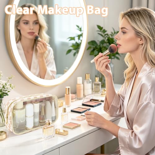 Fammart Clear Travel Makeup Bag for Women, TSA Approved Checkered Cosmetic Bag Make Up Car Organizer Case with Zipper, Large Waterproof Pouch Purse Toiletry Bag for Skincare, Brushes Travel Essentials - color: Clear - Checkered Khaki