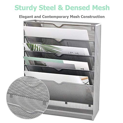 EASEPRES Mesh Wall File Organizer 6 Tier Vertical Mount Hanging Holder Magazine Rack with Bottom Flat Tray, Sides Closed, Silver - color: Silver, size: 6 Tier Upgrade