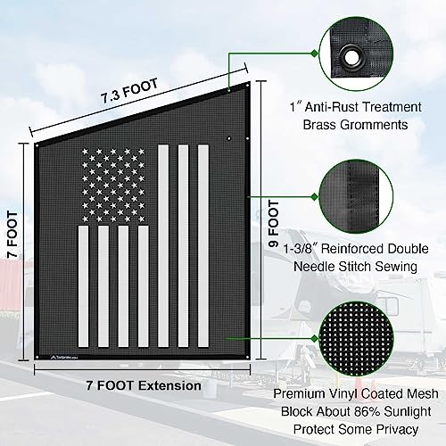 Tentproinc RV Awning Side Shade Screen 9' X 7' - (White American Flag) Black Mesh Sunshade for Motorhome Camping Trailer Awning Sunscreen UV Sun Blocker - 3 Year Warranty - color: AFG-Black