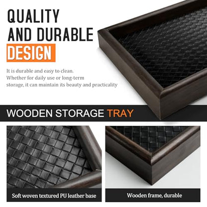 Wooden Valet Tray Desk Organizer with Leather Base,Nightstand, Entryway Bedside Dump Holder for Wallets, Keys, Watches, Jewelry & Sunglasses