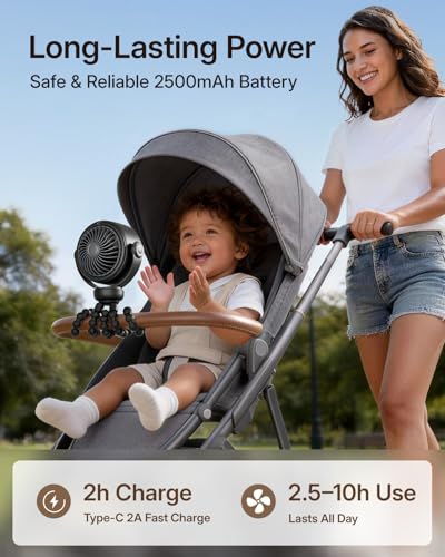 SWEETFULL Portable Stroller Fan, Pinch-Proof Baby Fan, 5-Speed Quiet Mini Clip on Fan, USB-C Rechargeable Battery, LED Display for Car Seat, Crib & Travel - Black - color: Black
