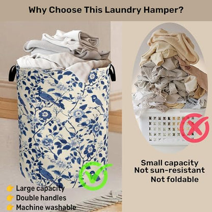 Navy Blue Beige Birds Laundry Basket - Heavy Duty 60L Dirty Clothes Organizer, Water Resistant Foldable Hamper for Men Women - color: Navy Blue Beige Birds