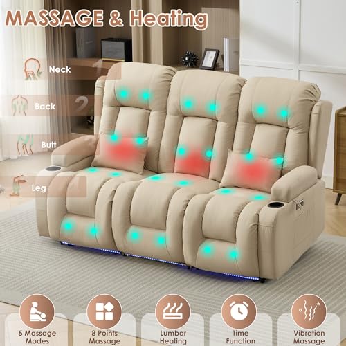 TUNYI Power Loveseat Recliner Sofa with Massage & Heat Home Theater Seating with Console RV Recliner Loveseat Sofa with USB/Storage/Side Pocket/LED Light/Speaker (Beige, 3 Seat) - color: Beige, size: 3 Seat