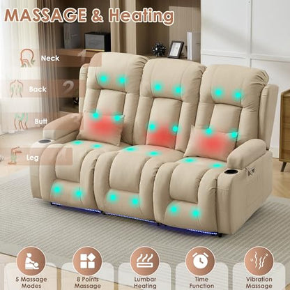 TUNYI Power Loveseat Recliner Sofa with Massage & Heat Home Theater Seating with Console RV Recliner Loveseat Sofa with USB/Storage/Side Pocket/LED Light/Speaker (Beige, 3 Seat) - color: Beige, size: 3 Seat