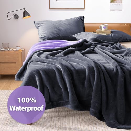 YISURE Waterproof Reversible Blanket for Bed King Size, 90"x80", Stain Proof Leakproof Bed Cover, Washable, Reusable, Protects Beds & Furniture from Spills, Stains & Splashes (Grey/Violet) - color: Grey/Violet, size: 90x80 in