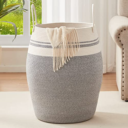 OIAHOMY Laundry Hamper Woven Cotton Rope Large Clothes Hamper 25.6" Height Modern Curve Basket with Extended Cotton Handles for Storage Clothes Toys in Bedroom, Bathroom, Foldable (White & light grey) - color: White & light grey