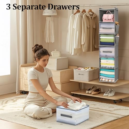 6-Tier Hanging Closet Organizer with 3 Drawers and Side Pockets – Multi-Functional Storage for Shoes, Belts, Purses, and Clothing - color: 6-shelf Black