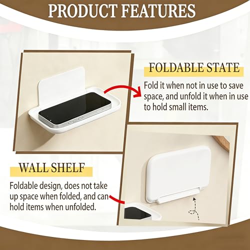 2 Pcs Small Shelf for Wall, Foldable Bedside Shelf & Small Wall Shelves No Drill Adhesive Folding Shelf, Stick-on Floating Wall Rack Organizer Tray for Bedroom Bathroom Kitchen Entryway, White