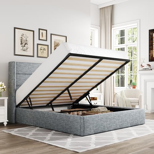 Allewie Full Size Lift Up Storage Bed, Modern Wingback Headboard, Hydraulic Support, No Box Spring Needed, Grey Blue - color: Blue Grey, size: Full, style: Modern