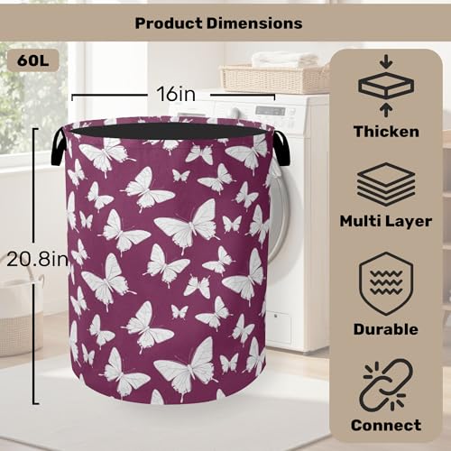 Purple Butterfly Silhouette Laundry Basket with Handles - Extra Large Foldable Hamper for Bathroom/Laundry/Bedroom/Dorm, Washable Fabric Storage Bin - color: Purple Butterfly Silhouette