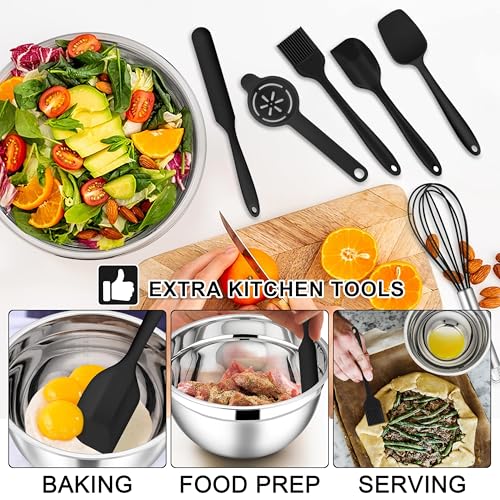 E-far Mixing Bowls with Lids Set, 21PCS Stainless Steel Salad Mixing Bowls with 3 Grater Attachments, Size 7, 4.6, 3.5, 2.6, 2, 1.5, 1QT, Nesting Design & Black Airtight Lid, For Baking/Prepping - color: Black, size: 7 Large Sizes
