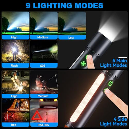 ADDplus Magnetic Flashlight Rechargeable,Flashlights High Lumens with 9 Modes,Waterproof, Adjustable,Powerful Flash Light,Emergency Multi-Flashlights for Home,Car,Hiking,Camping (1, Black) - color: Black