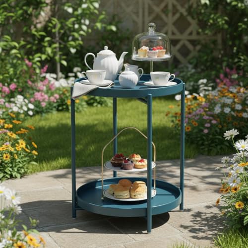 danpinera 2-Tier End Table, Outdoor Side Table Metal Round Side Table with Removable Tray, Small Accent Table, Anti-Rust Nightstand for Bedroom Balcony Patio Living Room (Navy Blue) - color: Navy Blue