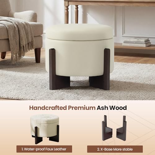 Faux Leather Round Ottoman, 22 Inch Storage Ottoman,PU Leather Ottoman,Multi-Functional Footrest for Living Room & Bedroom,Apartments (White, Round) - color: White