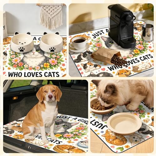 Nuxovilar Pet Dog Supplies Food Mat Floral Cat-Themed Polyester (23.62×17.71 inches) Bowl Water Spill Pad Feeding Gear for Home, Living Room, Pet Station - color: YE06002