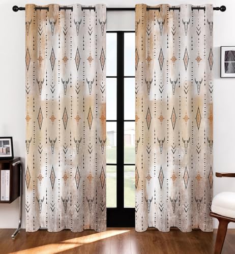 Aztec Blackout Curtains Tribal Western Bull Skull Boho Drapes Rustic Cowboys Native Ethnic Grommets Window Curtain Drapes for Bedroom Kitchen Living Room 2 Panels, 52x96in - color: Orange Black, size: 52"W x 96"L (Pack of 2)
