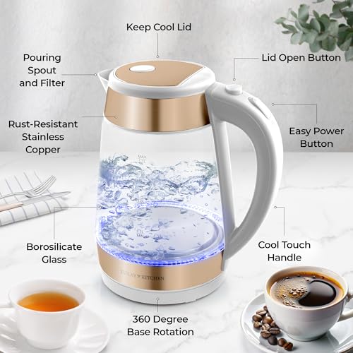 Zulay Kitchen Fast Boiling Electric Water Kettle - 1.7L, 1500W, Auto Shut-Off for Overboil & Boil Dry Protection, Cool-Touch Handle, 360° Base - Rapid Teapot Boiler For Coffee & Tea - White Copper