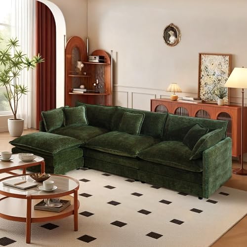 SoarFlash Chenille Sectional Sofa, Comfy L Shaped Modular Coush Sofa with Ottoman, Modern 3 Seat Couch Deep Seat Sofa Set for Living Room,Green - color: Green, size: 3 Seat+1 Ottoman