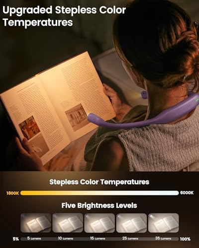 Glocusent Lightweight Neck Light,1200mAh Rechargeable Book Light for Reading in Bed, Eye-Caring with 5 Colors & 5 Brightness Adjustable, Neck Reading Light for Book Lovers - color: Purple