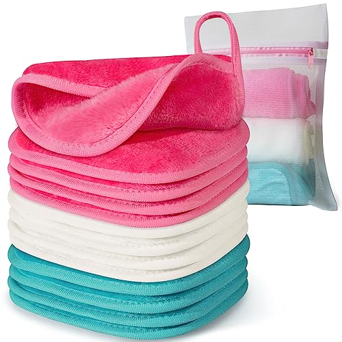 Makeup Remover Cloth, 6" x 6" Make Up Towels Reusable Face Cloth for Washing Face, Makeup Remover Pads Microfiber Face Washcloth with Mesh Bag, Just Water, 12 Pack - color: Green/White/Pink