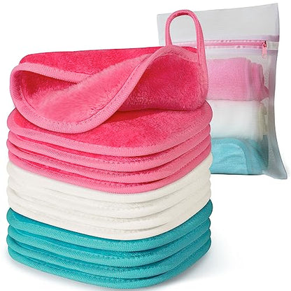 Makeup Remover Cloth, 6" x 6" Make Up Towels Reusable Face Cloth for Washing Face, Makeup Remover Pads Microfiber Face Washcloth with Mesh Bag, Just Water, 12 Pack - color: Green/White/Pink