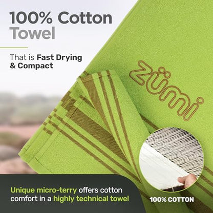 Zumi MINI 100% Cotton Camping Travel Towel - Small, Ultralight, Fast Drying, Highly Absorbent, Soft and Gentle on the Skin, Safe for the Planet (28" x 13" Green) - color: Green Mini