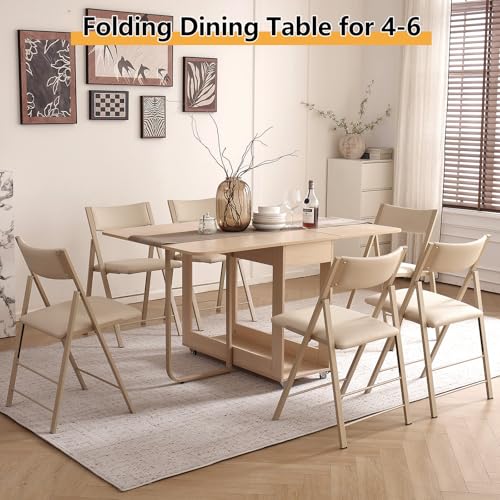Folding Dining Room Table for 4/6 with 35.4" Extra Wide Space Saving Drop Leaf Table with Lockable Wheels & Storage, Heavy Duty Eco Solid Wood Top 300lb, Convertible Desk for Apartments/RV/Home Office - color: Wood