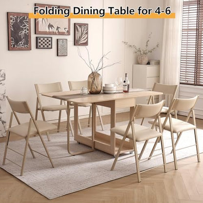 Folding Dining Room Table for 4/6 with 35.4" Extra Wide Space Saving Drop Leaf Table with Lockable Wheels & Storage, Heavy Duty Eco Solid Wood Top 300lb, Convertible Desk for Apartments/RV/Home Office - color: Wood