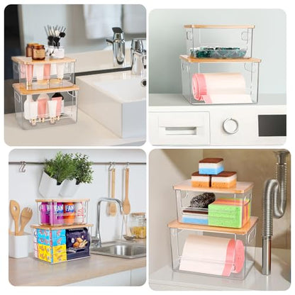 Trash Bag Holder Dispenser 2 Pack, Garbage Bag Dispenser with Bamboo Lid & Handles, Stackable Clear Trash Bag Organizer Under Sink for Kitchen, Pantry, Laundry Room, Cabinet (XL+S) - size: S + XL