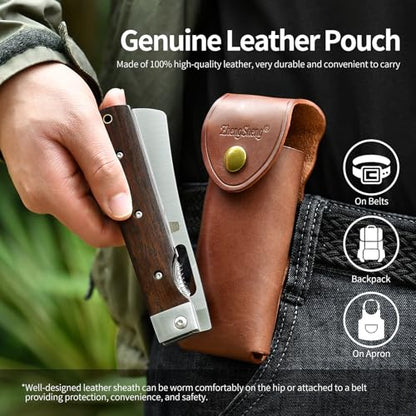ZhengSheng Folding Chef Knife with Leather Pouch 4.8" Sharp 440A Stainless Steel Blade Wooden Handle Pocket Foldable Japanese Style Kitchen Knife for Outdoor Camping Cooking. - color: #5 Natural wooden Handle - Leather Pouch