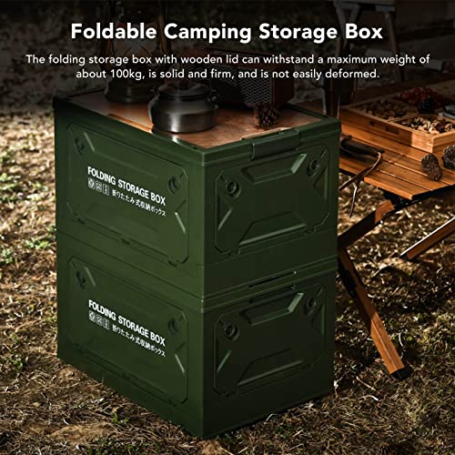 Foldable storage box, plastic campsite with wooden lids, storage tank with 50 lane and casters 50L, for camping, car trunk (OD Green) - color: OD Green
