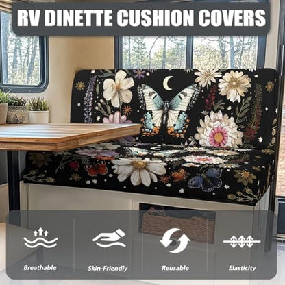 Butterfly Daisy Floral Moon Pattern RV Dinette Cushion Covers Stretch Camper Cushions Cover Replacement Couch Cushion Slipcovers for Travel Trailer Couch, 2 Sets - color: Butterfly Daisy Floral Moon