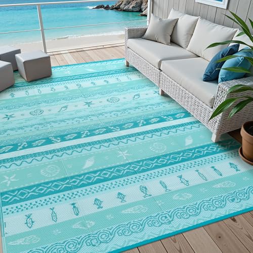 Uphome Coastal Outdoor Rug Waterproof 8x10, Large Reversible Ocean Beach Theme Striped Patio Plastic Straw Rugs, Tribal RV Camping Outside Carpet Mat for Pool Back Yard Deck, 8 x 10 ft - color: Geometry Blue, size: 8' x 10' (Rectangular)