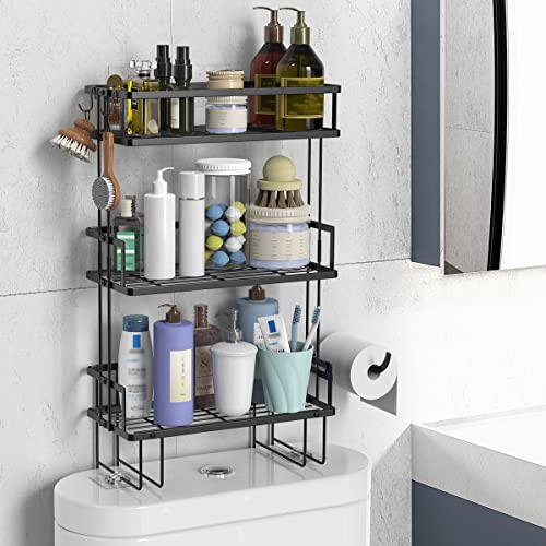 FLOLXNB Over The Toilet Storage Shelf, 3-Tier Bathroom Storage Organizer Upgrade Punch-Free Toliet Storage Shelf, Home Storage Rack with Hooks Shelf,Black - color: Black, size: 3-Tier