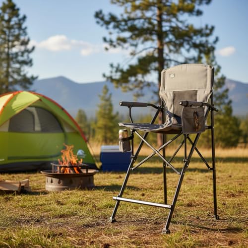 LANMONTAIN Extra Tall Folding Camping Chairs,30.7'' Seat Height Portable Hard Arm Bar Chairs w/Cup Holder,Side Mesh Pocket and Footrest,Heavy Duty Support 350 Lbs Comfy Director Chairs,Black&Grey - color: Black&grey 1 Pack