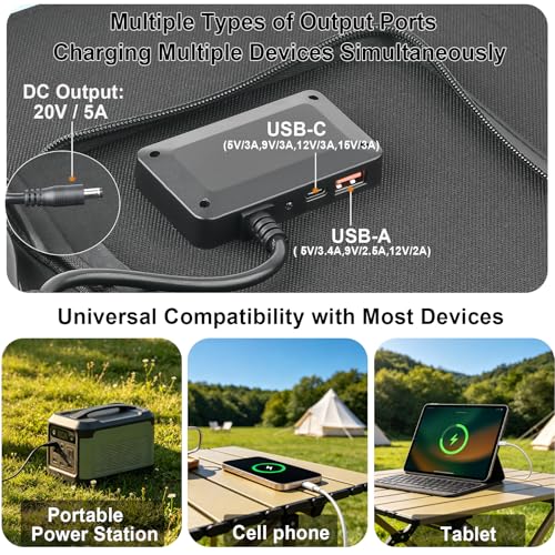 100W Portable Solar Panel,Lightweight Foldable Solar Charger,23.5% Efficiency Mono,Compatible for Jackery/Ecoflow/Bluetti,with DC20V&USB A,USB C,IP65 Waterproof for Camping RV off-grid emergency power