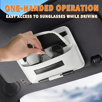 HOLDCY Car Visor Organizer – Sun Visor Storage Pouch Holder for Vehicle Truck SUV, PU Leather Auto Interior Accessories for Registration Document, Gas Card & Sunglasses, Universal Fit (White) | Keeps Registration, Cards & Sunglasses Neatly Within Reach -